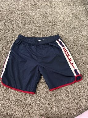 Gucci Navy Swim Shorts with Red & White Side Stripe